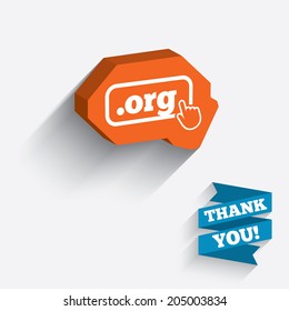 Domain ORG sign icon. Top-level internet domain symbol with hand pointer. White icon on orange 3D piece of wall. Carved in stone with long flat shadow. Vector