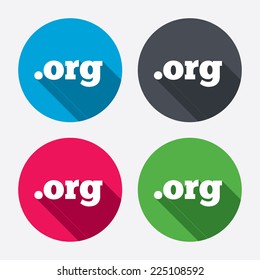 Domain ORG sign icon. Top-level internet domain symbol. Circle buttons with long shadow. 4 icons set. Vector