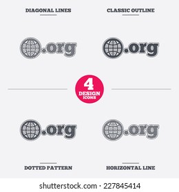 Domain ORG sign icon. Top-level internet domain symbol with globe. Diagonal and horizontal lines, classic outline, dotted texture. Pattern design icons.  Vector
