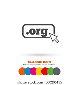 Domain ORG sign icon. Top-level internet domain symbol with cursor pointer. Classic flat icon. Colored circles. Vector