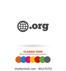 Domain ORG sign icon. Top-level internet domain symbol with globe. Classic flat icon. Colored circles. Vector