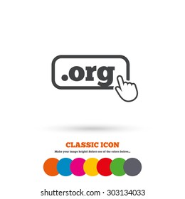 Domain ORG sign icon. Top-level internet domain symbol with hand pointer. Classic flat icon. Colored circles. Vector