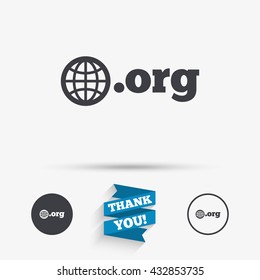 Domain ORG sign icon. Top-level internet domain symbol with globe. Flat icons. Buttons with icons. Thank you ribbon. Vector