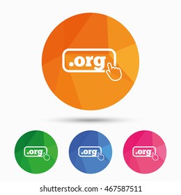 Domain ORG sign icon. Top-level internet domain symbol with hand pointer. Triangular low poly button with flat icon. Vector