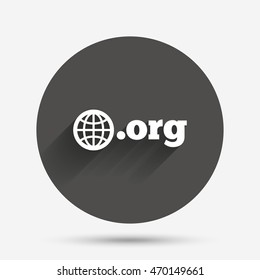 Domain ORG sign icon. Top-level internet domain symbol with globe. Circle flat button with shadow. Vector