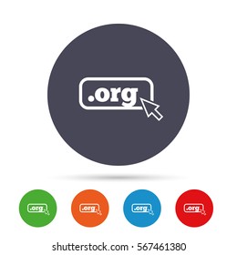 Domain ORG sign icon. Top-level internet domain symbol with cursor pointer. Round colourful buttons with flat icons. Vector