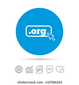 Domain ORG sign icon. Top-level internet domain symbol with cursor pointer. Copy files, chat speech bubble and chart web icons. Vector