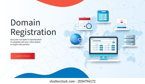 Domain registration banner. Computer with domain names on screen, schedule, domain, server, website hosting, login icons. Business concept. Web vector landing page template in 3D style