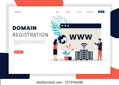 Domain registration concept landing page template with character. Domain registration concept can be used for websites, landing pages, UI, mobile applications, posters, banner