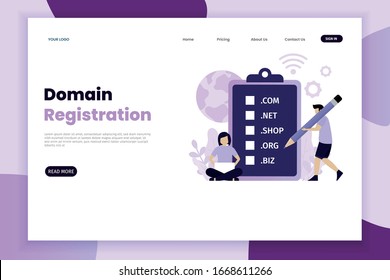 Domain registration concept landing page with character. Landing page template