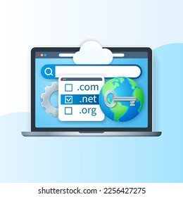 Concept d'enregistrement de domaine. Ordinateur portable avec des noms de domaine à l'écran, des icônes globe et barre de recherche. Bandeau publicitaire. Illustration vectorielle Web au style 3D