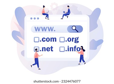 Domain registration concept. Online hosting service. Tiny people choose, find, purchase, register website domain name. Modern flat cartoon style. Vector illustration on white background
