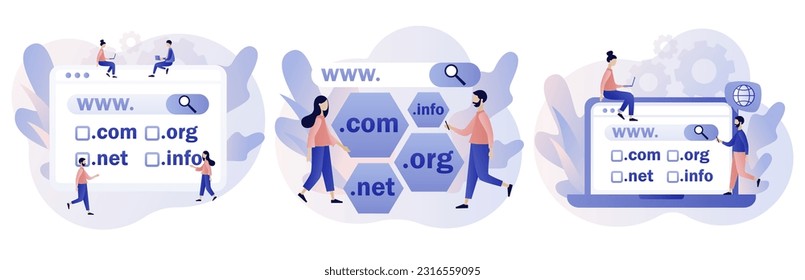 Domain registration concept. Tiny people choose, find, purchase, register website domain name. Online hosting service. Modern flat cartoon style. Vector illustration on white background