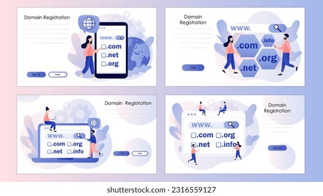 Concepto de registro de dominio. Pequeñas personas eligen, encuentran, compran, registran el nombre de dominio del sitio web. Plantilla de pantalla para página de inicio, plantilla, ui, web, aplicación móvil, afiche, banner, volante. Vector 