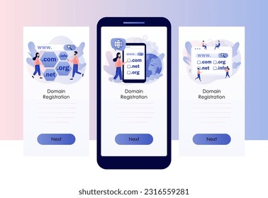 Domain registration concept. Tiny people choose, find, purchase, register website domain name. Online hosting service. Screen template for mobile, smartphone app. Modern flat cartoon style. Vector