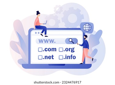 Domain registration concept. Tiny people choose, find, purchase, register website domain name on laptop. Online hosting service. Modern flat cartoon style. Vector illustration on white background