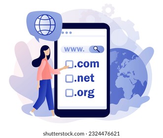 Domain registration concept. Tiny woman choose, find, purchase, register website domain name in snartphone app. Online hosting service. Modern flat cartoon style. Vector illustration 