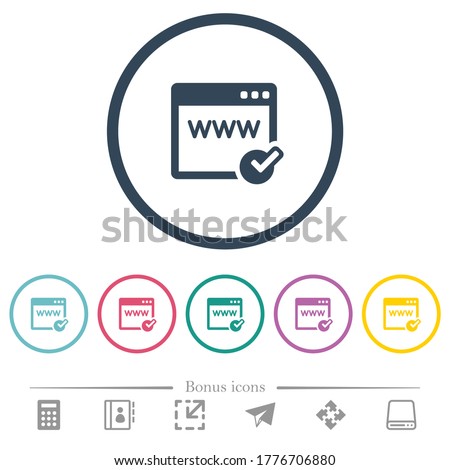 Domain registration flat color icons in round outlines. 6 bonus icons included.