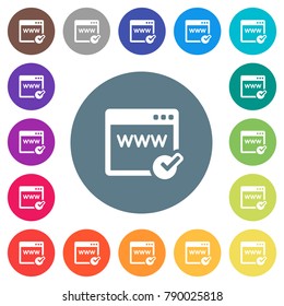 Domain registration flat white icons on round color backgrounds. 17 background color variations are included.