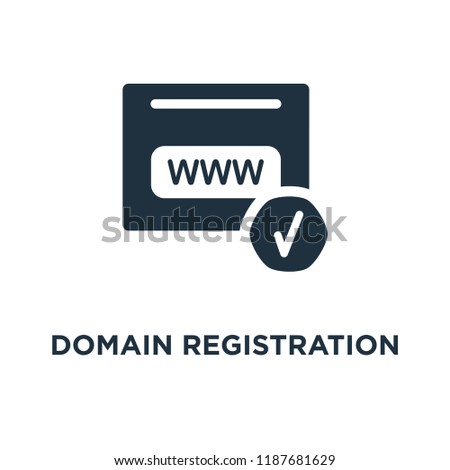 Domain registration icon. Black filled vector illustration. Domain registration symbol on white background. Can be used in web and mobile.