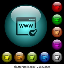 Domain registration icons in color illuminated spherical glass buttons on black background. Can be used to black or dark templates