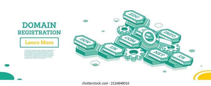 Domain Registration. Isometric Business Concept. Vector Illustration. Choosing an URL Address and Name of Domain Zone for Web Site. Outline Concept for Hosting Service. Banner for Landing Page.
