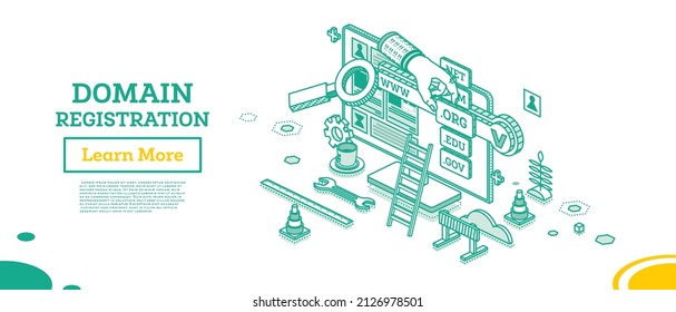 Domain Registration. Isometric Business Concept With Monitor And Hand. Vector Illustration. Choosing An URL Address And Name Of Domain Zone For Web Site. Outline Concept For Hosting Service.