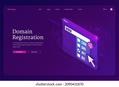 Domain registration isometric landing page. Website hosting concept with digital device screen and names list for online store, blog or business services on purple background, 3d vector web banner