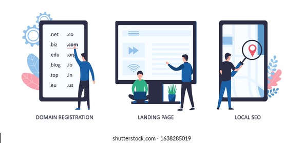 Domain registration, landing page, local SEO. Web development and website promotion concepts. Choosing a domain name, creating a website, promotion. Flat vector illustration isolated on white back
