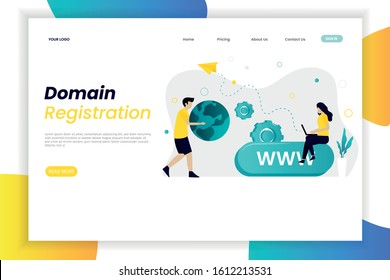 Domain registration landing page template with character. Landing page template.