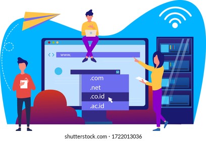 domain registration and name with a web domain icon and hosting on website creation. modern flat vector illustration design concepts