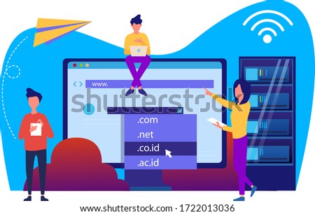 domain registration and name with a web domain icon and hosting on website creation. modern flat vector illustration design concepts