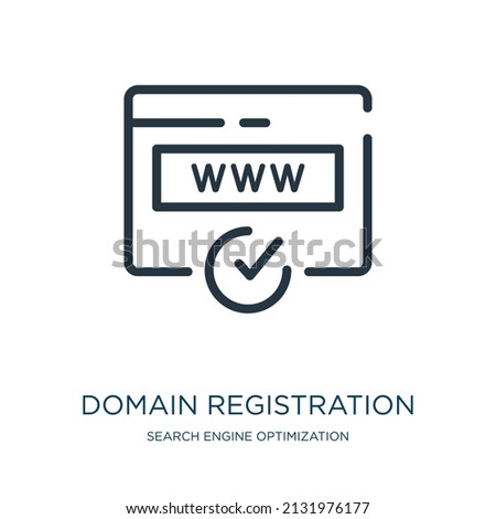 domain registration thin line icon. communication, hosting linear icons from search engine optimization concept isolated outline sign. Vector illustration symbol element for web design and apps.