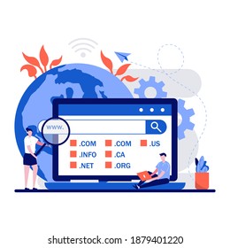 Domain registration web page concept with tiny character. People choose, find, purchase, register website domain name flat vector illustration. Can use for mobile app, landing page idea.