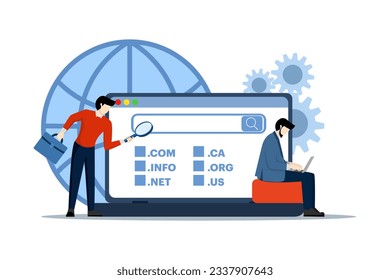 Domain registration web page concept with small characters. People choose, find, buy, register website domain name flat vector illustration. Can be used for mobile apps, landing page ideas.