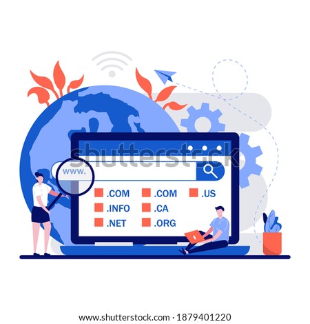 Domain registration web page concept with tiny character. People choose, find, purchase, register website domain name flat vector illustration. Can use for mobile app, landing page idea.