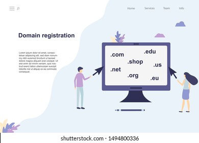 Domain registration web page. Flat vector stock illustration. People choose a domain name. Find and purchase website domain name