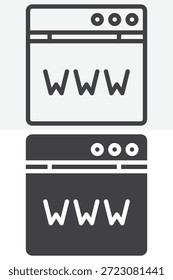 Domain registration WWW window different style icon set. Clean line, outline and solid icon editable stroke vector sign and symbol for domain icon.