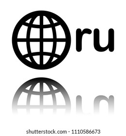 domain of Russia, globe and ru. Black icon with mirror reflection on white background
