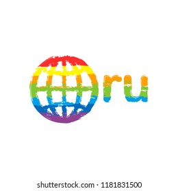 domain of Russia, globe and ru. Drawing sign with LGBT style, seven colors of rainbow (red, orange, yellow, green, blue, indigo, violet