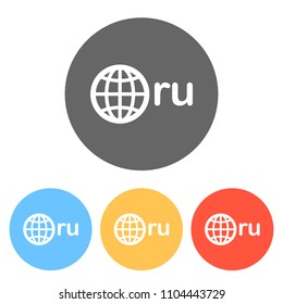 domain of Russia, globe and ru. Set of white icons on colored circles