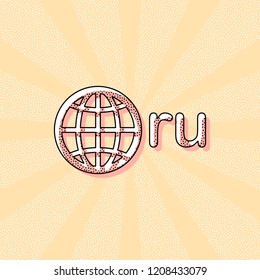 domain of Russia, globe and ru. Vintage retro typography with offset printing effect. Dots poster with comics pop art background