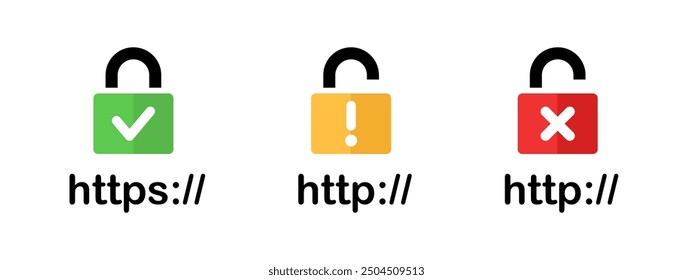 Domain security padlock icon. HTTPS and HTTP network privacy status. Web browser encryption protection symbol. SSL certificate sign. Insecure server connection vector illustration. Website URL lock.