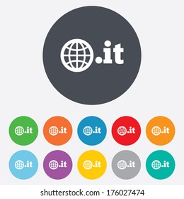 Domain IT sign icon. Top-level internet domain symbol with globe. Round colourful 11 buttons. Vector