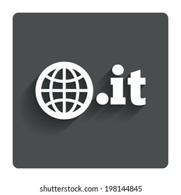 Domain IT sign icon. Top-level internet domain symbol with globe. Gray flat button with shadow. Modern UI website navigation. Vector