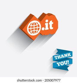 Domain IT sign icon. Top-level internet domain symbol with globe. White icon on orange 3D piece of wall. Carved in stone with long flat shadow. Vector