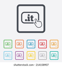 Domain IT sign icon. Top-level internet domain symbol with hand pointer. Round squares buttons with frame. Vector