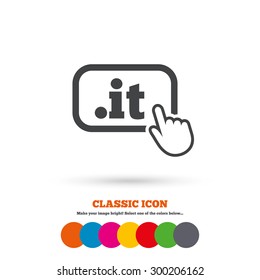 Domain IT sign icon. Top-level internet domain symbol with hand pointer. Classic flat icon. Colored circles. Vector