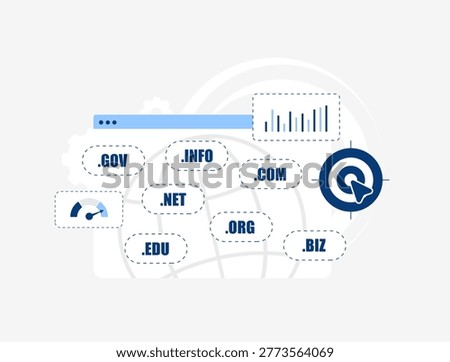 Domain targeting with SEO analytics and website traffic in digital interface. Analyze domain performance and optimize search visibility for ranking growth and audience targeting vector illustration