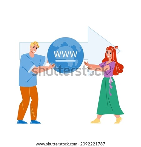 Domain Transfer And Change Internet Hosting Vector. Man Owner Domain Transfer To Woman Or Changing Data Center Service. Characters People Internet Business Flat Cartoon Illustration